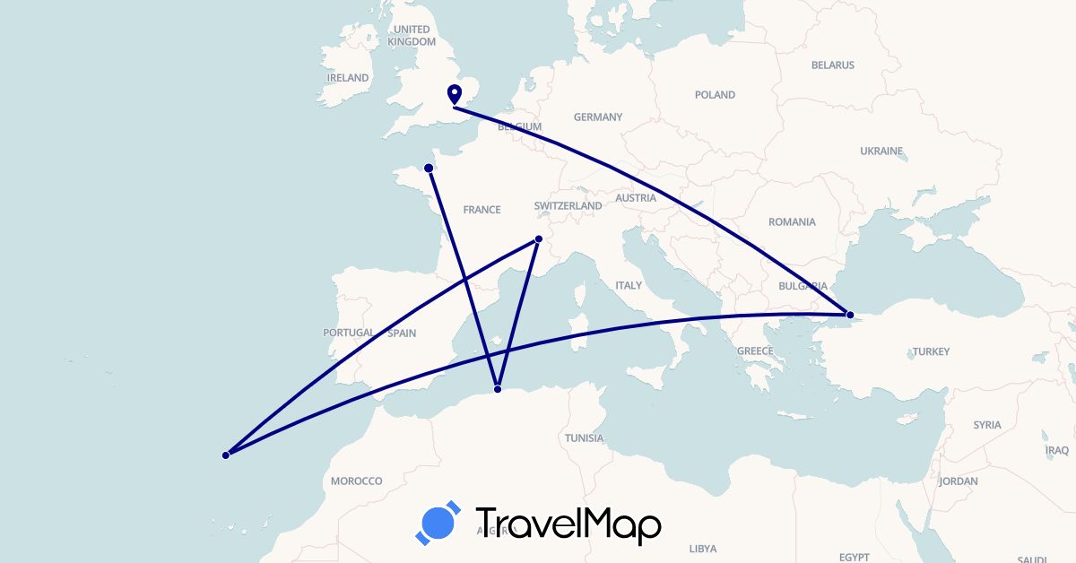 TravelMap itinerary: driving in Algeria, France, United Kingdom, Portugal, Turkey (Africa, Asia, Europe)